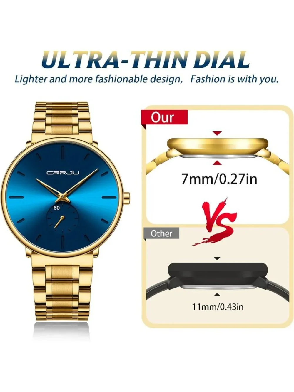 Unisex Blue Gold Ultra-Thin Minimalist Waterproof Stainless Steel Band Watch